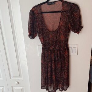 Foxblood Sheer Spider Web Patterned Black and Orange Dress